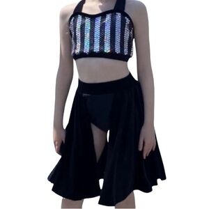 Girls Dance Top And Skirt Set Black Sequin Velvet Crop Top  Performance 8-10Y
